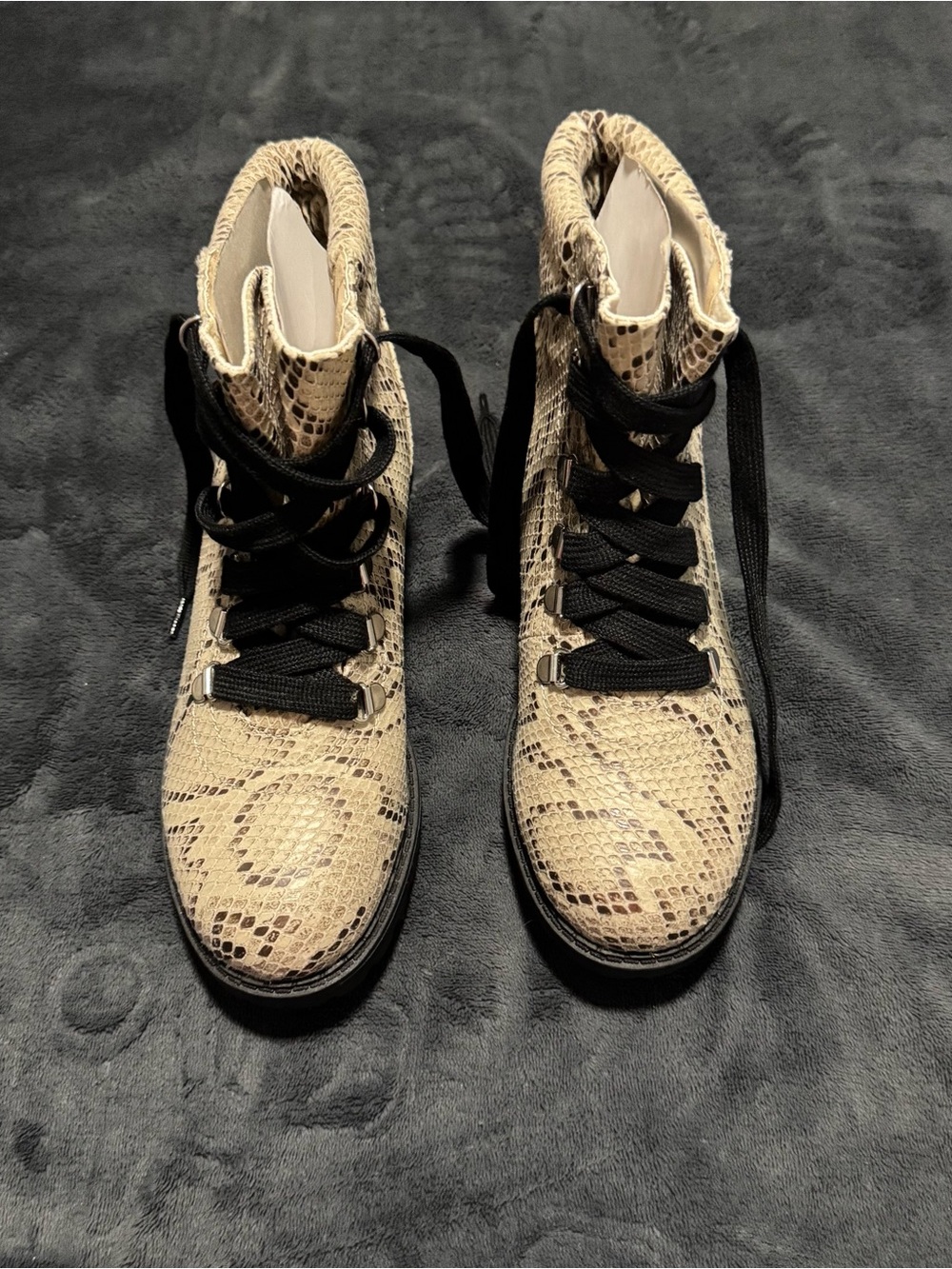 Jellypop Beige Snake-Print Combat Boots with Black Laces